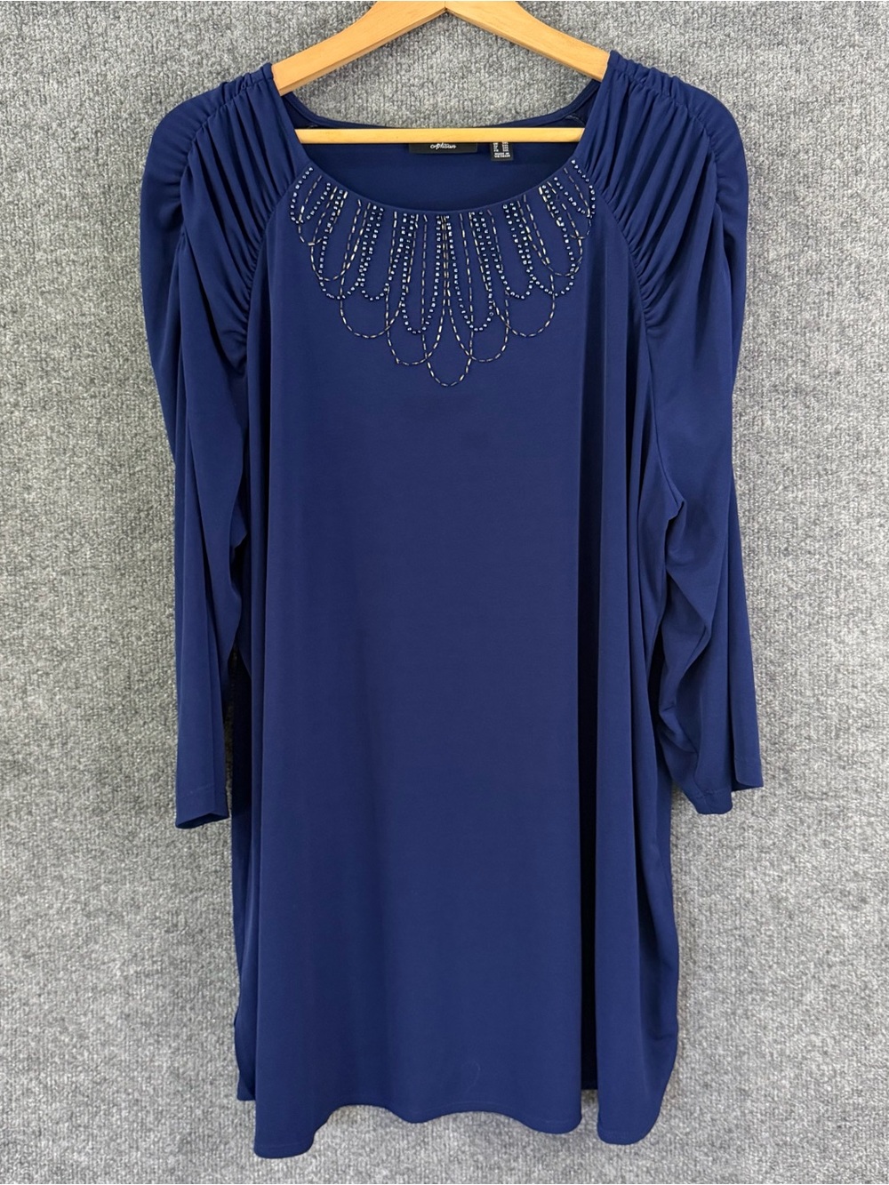Susan Graver Womens 2X Liquid Knit Beaded Tunic Top Navy Long Sleeve Office